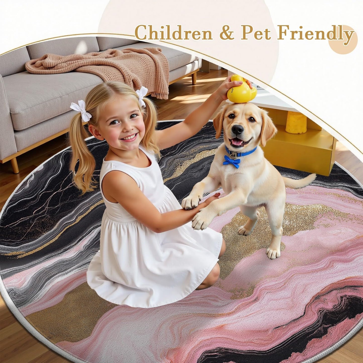 bstract Round Area Rug 4ft Modern Marble Pattern Pink Decorative Circle Rug Low-Pile Soft Carpet Washable Indoor Floor Mat for Living Room Bedroom Dining Room Home Office