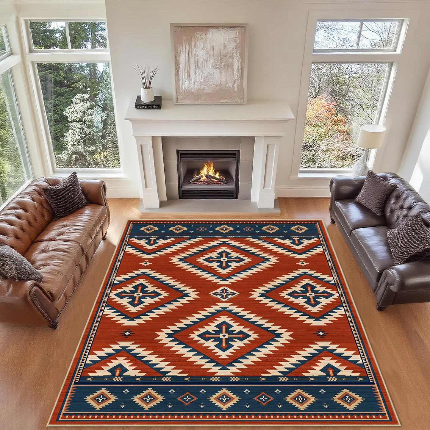 8x10 Area Rug for Living Room Southwestern Rug Machine Washable Western Aztec Southwest Area Rugs Non Slip Low Pile Navajo Tribal Large Dining Room Indoor Floor Carpet for Bedroom Office,Red