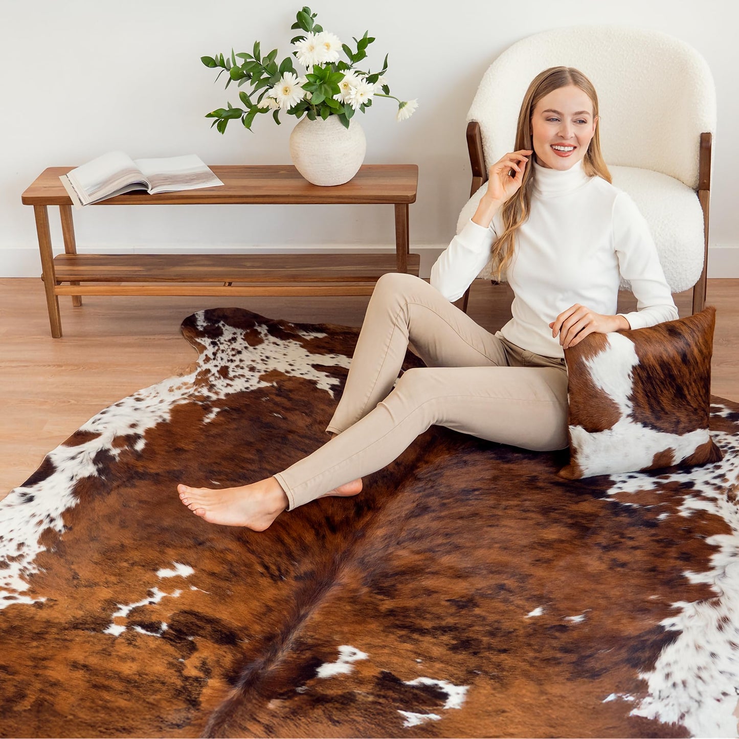 ecowhides 100% Genuine Brazilian Cowhide Rug - Tricolor Brindle Mix - Luxury Cowskin Leather Area Rug Décor 7 x 6 feet