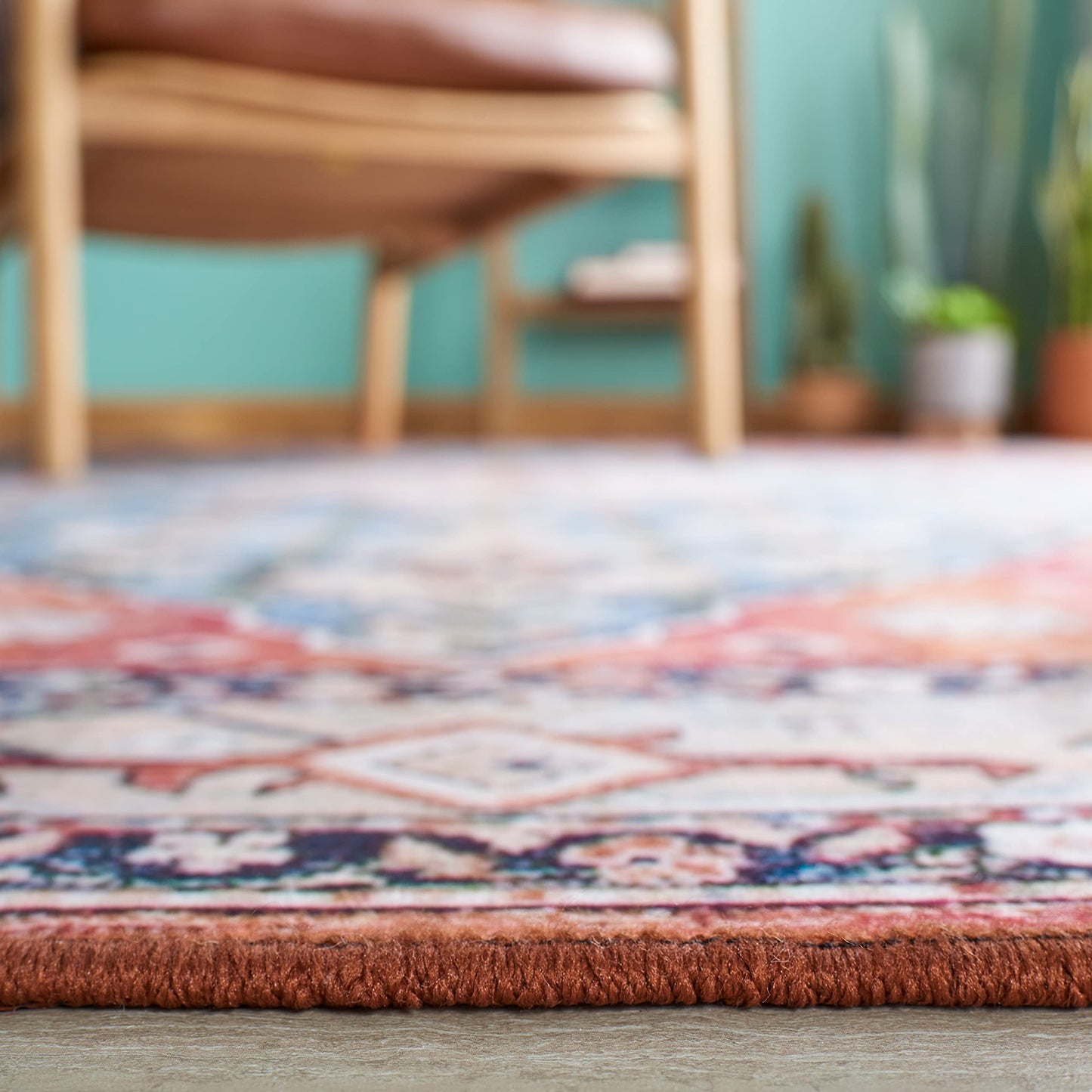 SAFAVIEH Washable Rug Tucson Collection - 5' Square, Beige & Blue, Slip Resistant & Easy to Clean, Ideal for Living Room, Bedroom, Dining Space (TSN104B)
