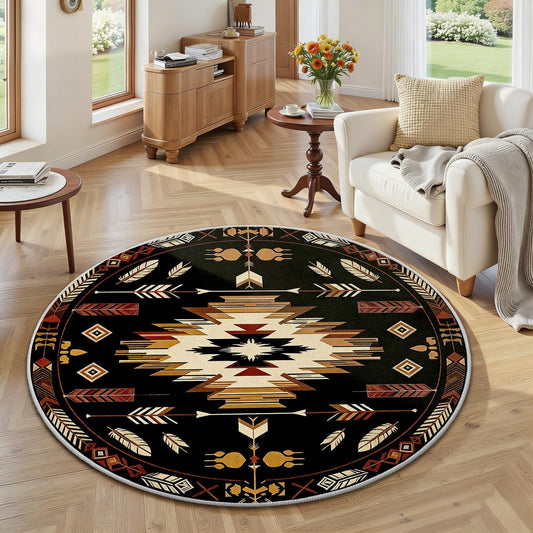 4ft Round Rug, Native American Circle Area Rug, Aztec Navajo Round Rugs for Living Room Bedroom, Indian Southwestern Tribal Circle Rugs for Dining Room Entryway Dorm, Washable Non-Slip Floor Mat