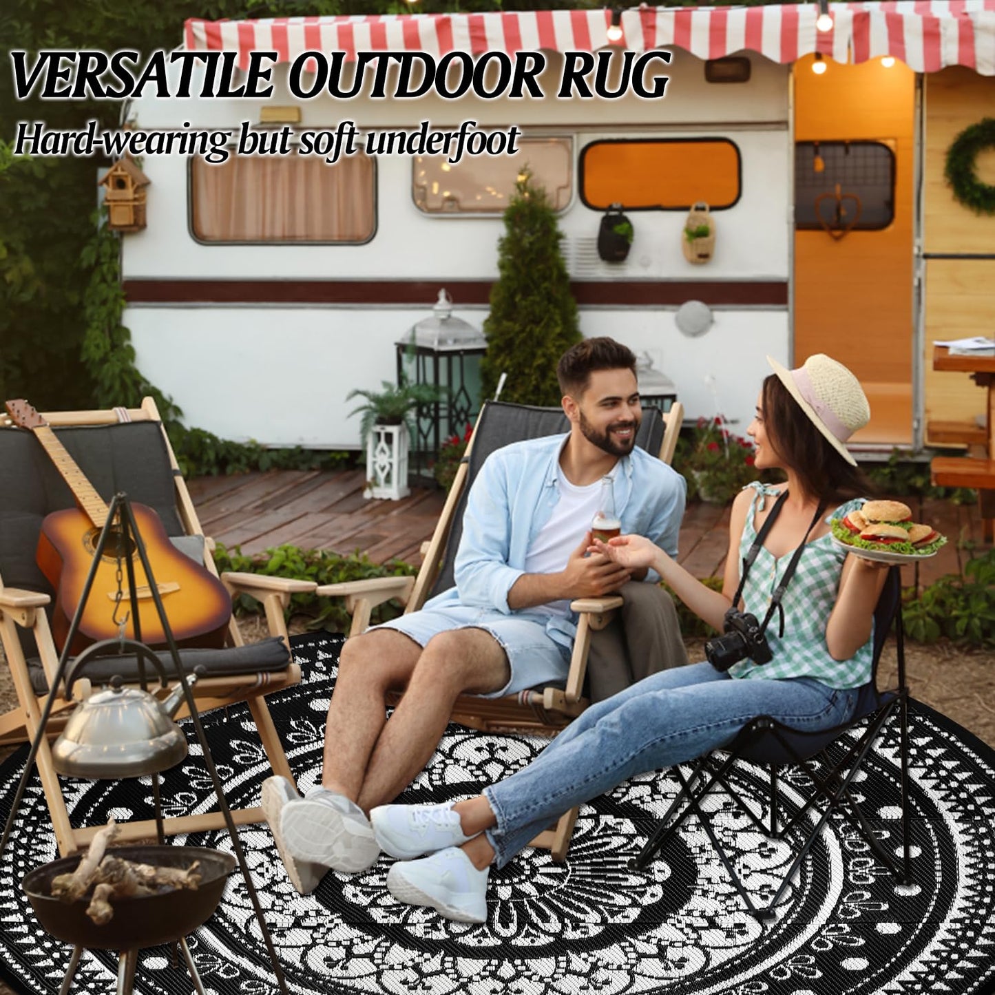 Cekene Round Outdoor Rugs for Patio 8Ft Waterproof Reversible Outdoor Patio Rugs Black Lightweight Plastic Straw Rugs Portable RV Camping Mat Floor Carpet for Deck Porch Picnic BBQ