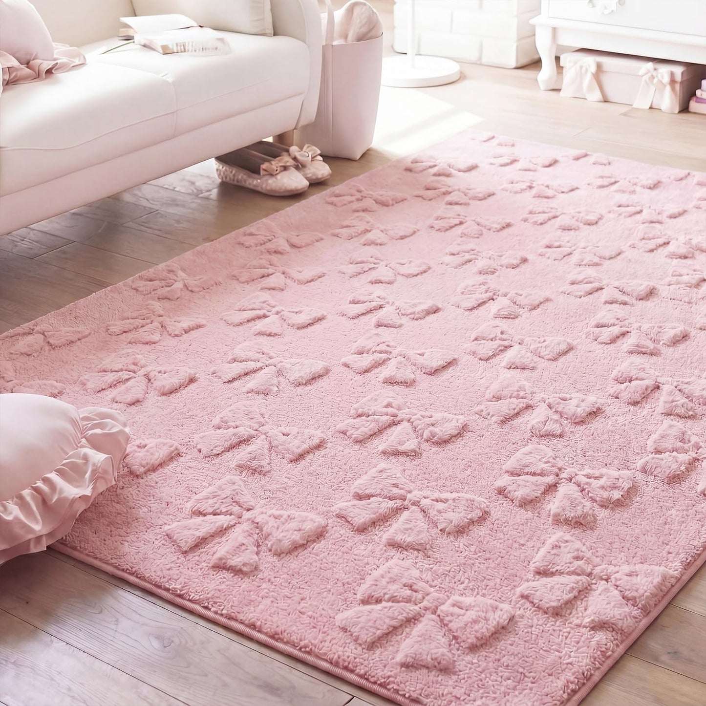 Klyyo Clyro Pink Bow Area Rugs for Bedroom Girls 4 x 6 ft Cute Coquette Throw Rugs Pink Plush Faux Fur Aesthetic Soft Bedroom Carpet for Living Room Dining Playroom Nursery Family Indoor Dorm