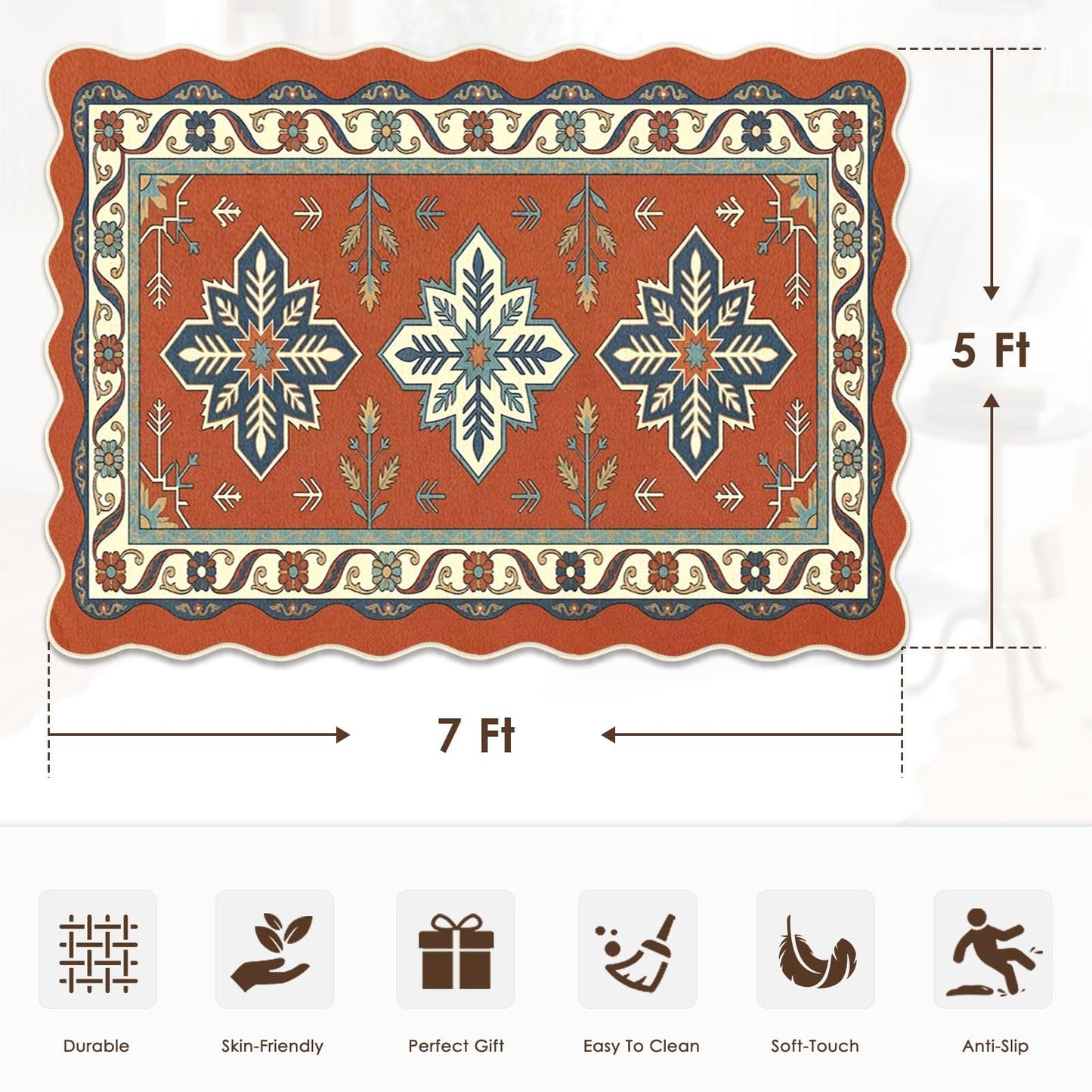 Cosovia Washable Scalloped Area Rug 5x7, Boho Aztec Geometric Low Pile Non Slip Indoor Floor Carpet Mat Southwestern Star Rugs for Living Room, Bedroom, Home Office and Dorm Decor