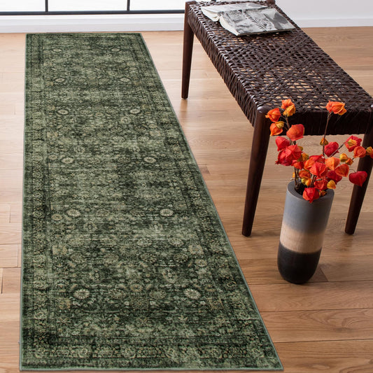 Morebes Washable Dark Green Runner Rug 2.5x8, Vintage Boho Runners for Hallways Non Slip, Soft Floral Indoor Floor Throw Carpet for Kitchen Laundry Room Bedroom Bathroom Living Entryway