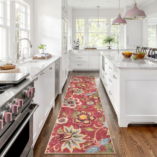 Beeiva Floral Washable Runners for Hallways Non Slip, 2x8 Red Long Hallway Runner Rugs with Rubber Backing, Ultra Thin Christmas Vintage Kitchen Rugs Non Skid for Entryway Bathoom (Red,2'x8')