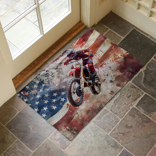 VANZEV Patriotic Motocross Indoor Door Mat for Entryway, 17x29.5 Inch, American Flag Dirt Bike Floor Doormat for Home Decor, Non-Slip Rug Mat for Living Room, Kitchen, Bedroom, Gifts for Rider Lovers