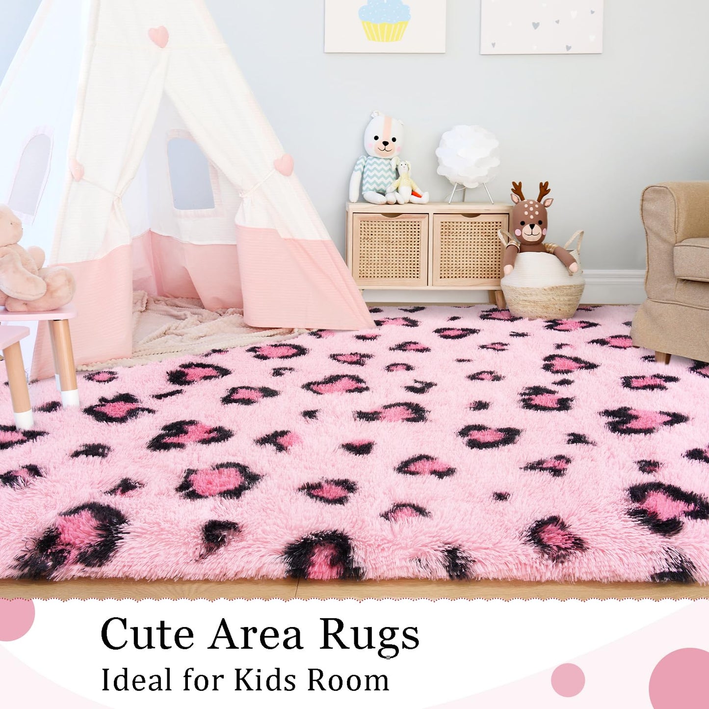 Living Room Area Rug - 5x8 Kids Room Fluffy Bedroom Pink Leopard/Cheetah Print Faux Fur Washable Carpet