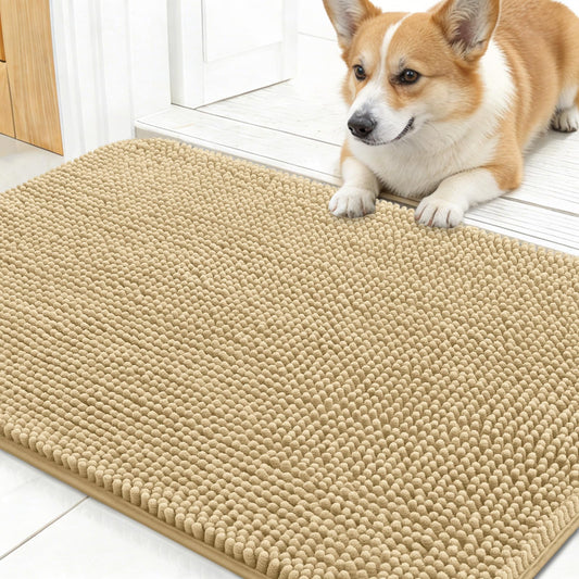 OLANLY Dog Door Mat for Muddy Paws 24x16, Absorbs Moisture and Dirt, Absorbent Non-Slip Washable Doormat, Quick Dry Chenille Mud Mat for Dogs, Entry Indoor Entryway Carpet for Inside Floor, Beige