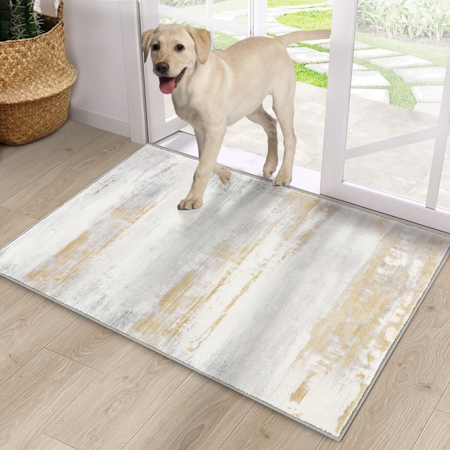 CRISTGEE Door Mat, Front Indoor Door Mat Faux Wool Non-Slip Entryway Rug Absorbent Abstract Throw Rug for Indoor Entrance Hallway Laundry Room, High Traffic Areas, 20X32 Inches, Yellow Washable