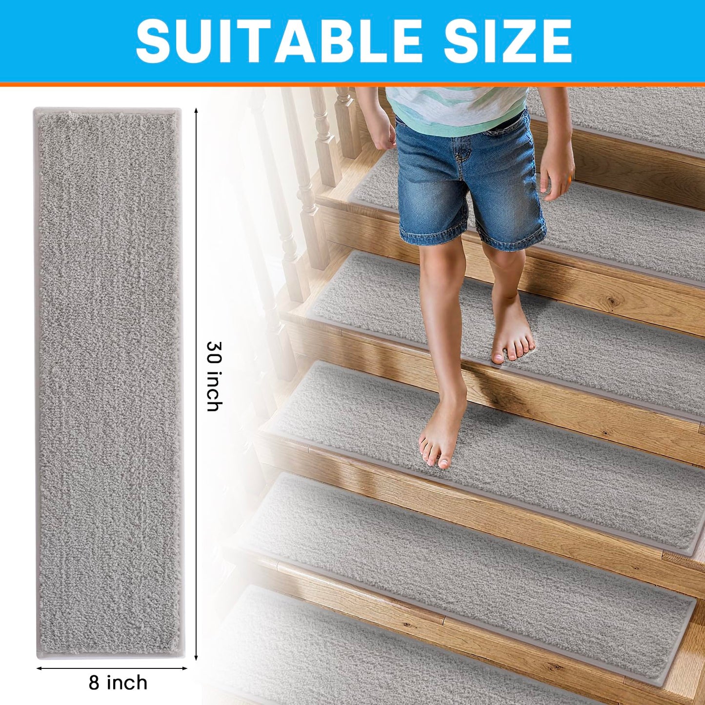 SHIEN Non-Slip Stair Treads for Wooden Steps, 8x30 Inch Extra Thick Stair Mats (13mm), Precisely Sewn Edges & No Trimming Needed, Heavy-Duty Polyester Indoor Carpet Pads (Grey, 12pc)