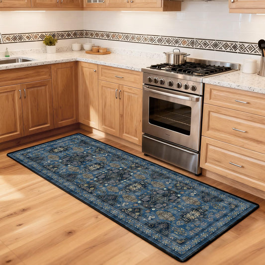 Runner Rug 2'x6' Vintage Boho Kitchen Rugs Washable Mat Non-Slip Soft Carpet with Rubber Backing Rugs for Hallways, Kitchen, Laundry, Bedroom, Bathroom, Blue