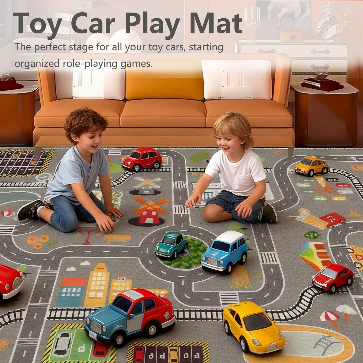 Car Rug Play Mat Road Rug,Kids Carpet Playmat Rugs City Life Great for Playing with Cars and Toys,Children Educational Race Track Rugs with Non-Slip Rubber Backing for Playroom Bedroom Classroom