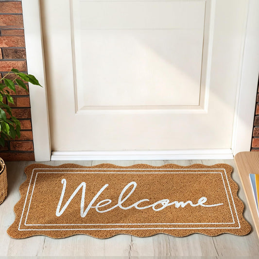 Klyyo Clyro 48x16 Inch Long Front Door Mat Scalloped Welcome Doormat Coco Coir Floor Mat for Front Door Outdoor Indoor Porch Entrance Decor