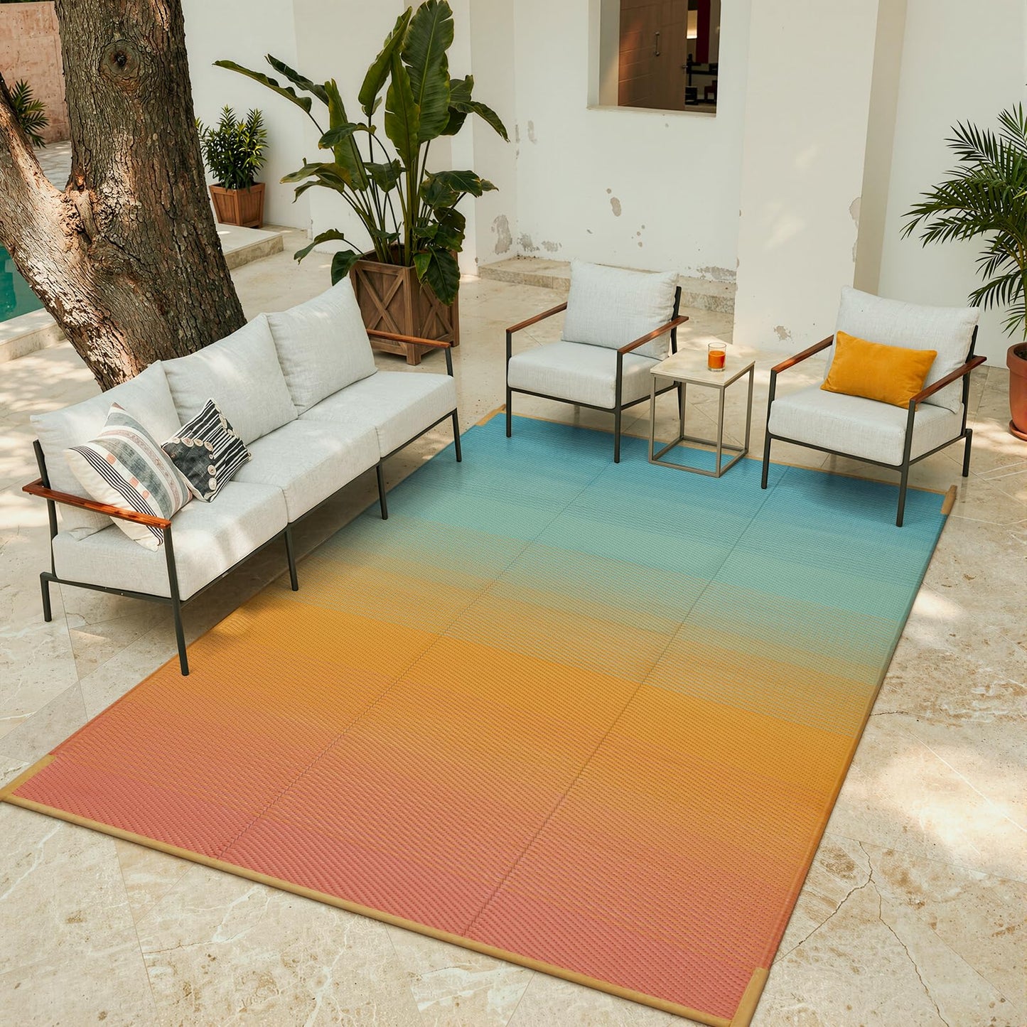 Lahome Camping Rugs for Outside Your Rv 5x8 Indoor Outdoor Carpet Waterproof Plastic Straw Rug, Reversible Camping Mats Large Porch Rug for Patio,Backyard, Balcony,Deck,Blue-Orange 5x8