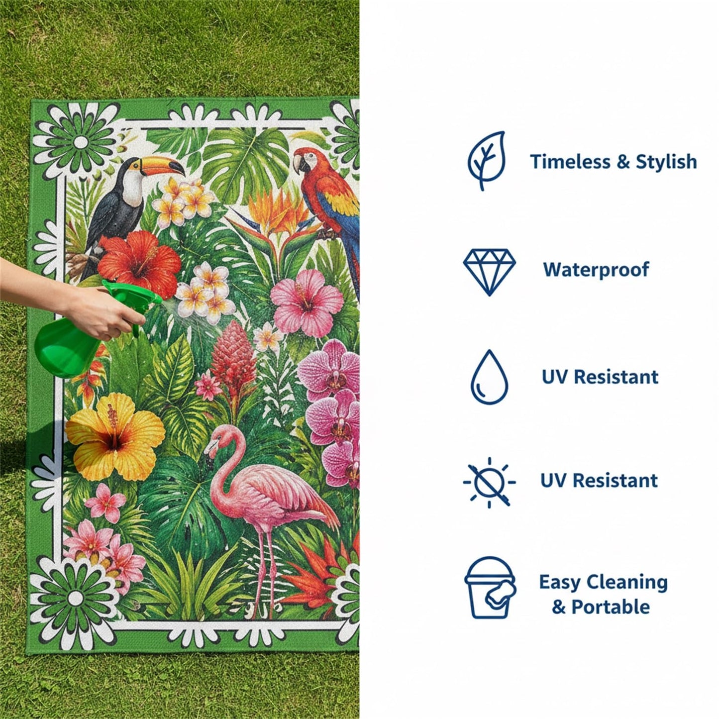 3D Waterproof Outdoor Area Rug 4x6 Tropical Floral Animal Print Green Pink Red Rugs for Porch Patio Deck Garden Rustic Jungle Outside Carpet Non Slip Thin Quick Dry Washable Floor Mats Throw Rugs