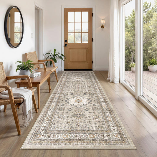 Vintage Hallway Runner Rug 3x8: Large Soft Washable Entryway for Kitchen Laundry Room Non-Slip Backing Runner for Entrance Living Room Bedroom Bathroom - Beige