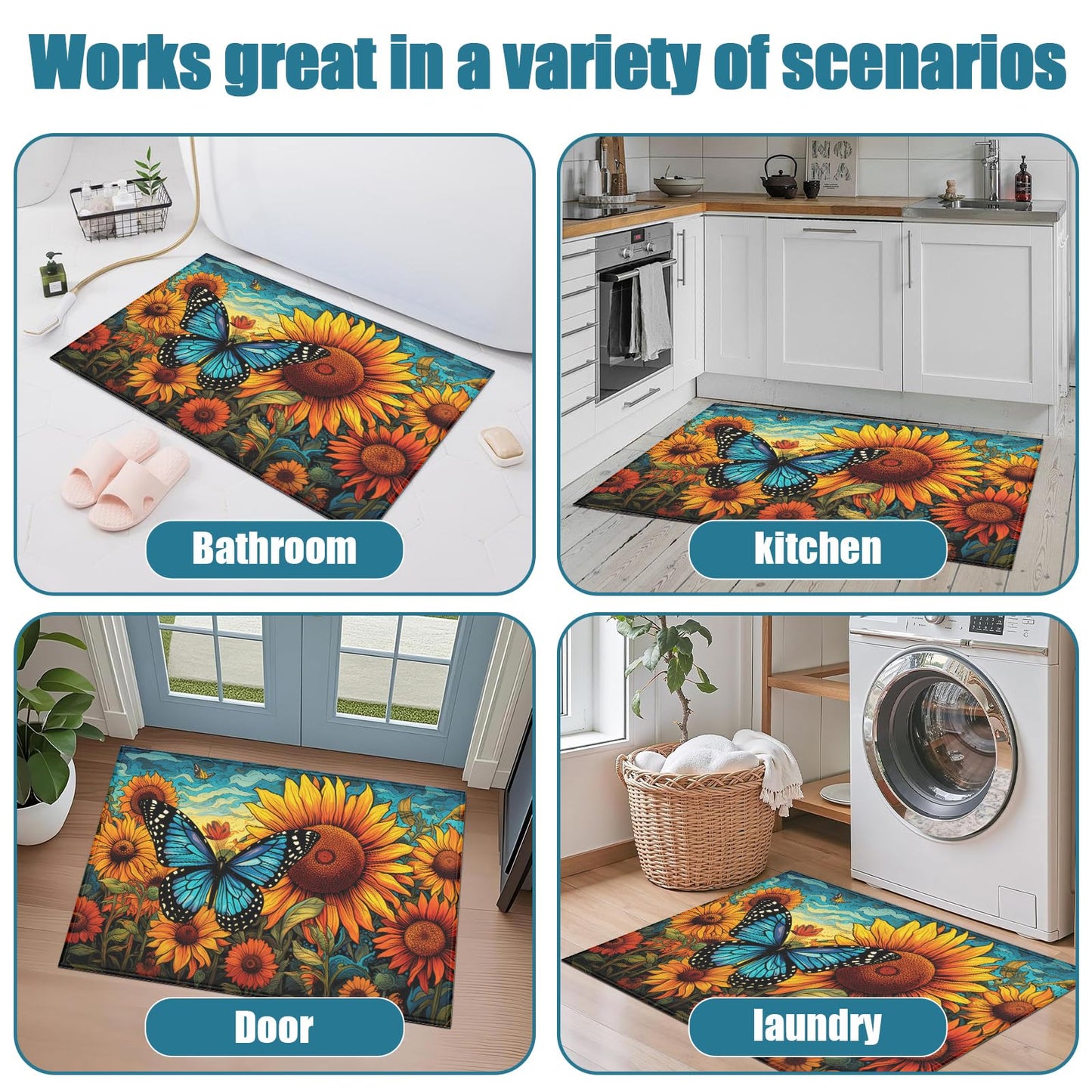Summer Sunflower Indoor Door Mat, Butterfly Outdoor Entrance Doormat for Entryway Kitchen Bathroom 17 X 29 Inch