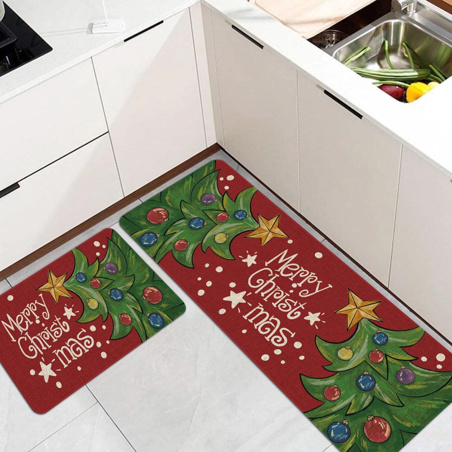 Mloabuc Merry Christmas Kitchen Mats Set of 2, Anti Fatigue Waterproof Stain Resistant Floor Rug Blue Christmas Decorative Non Slip Cushioned Floor Mat - 17x29 and 17x47 Inch
