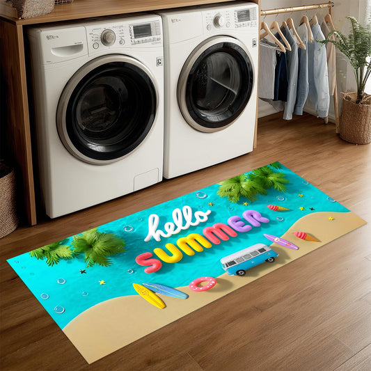 LEIWEIHOPE Hello Summer Summer Runner Rug 20x47 inch Non-Slip Waterproof Laundry Room Rug Kitchen Runner Bathroom Mat with Festive Designs,Outdoor Indoor Entryway Floor Mat Home Decor