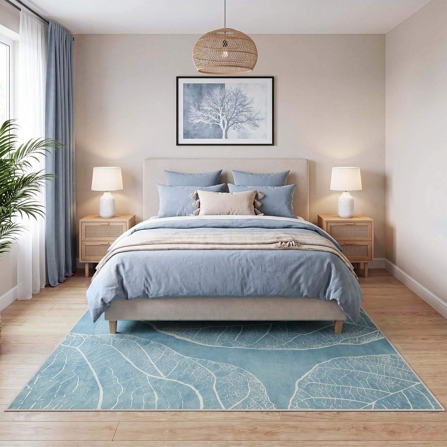 Tribesigns Abstract 5x7 Machine Washable Area Rugs for Living Room, Soft Rug for Bedroom Dining Room, Boho Non-Slip Low Pile Carpet for Entryway Kitchen Decor, Blue Botanical Leaf Print