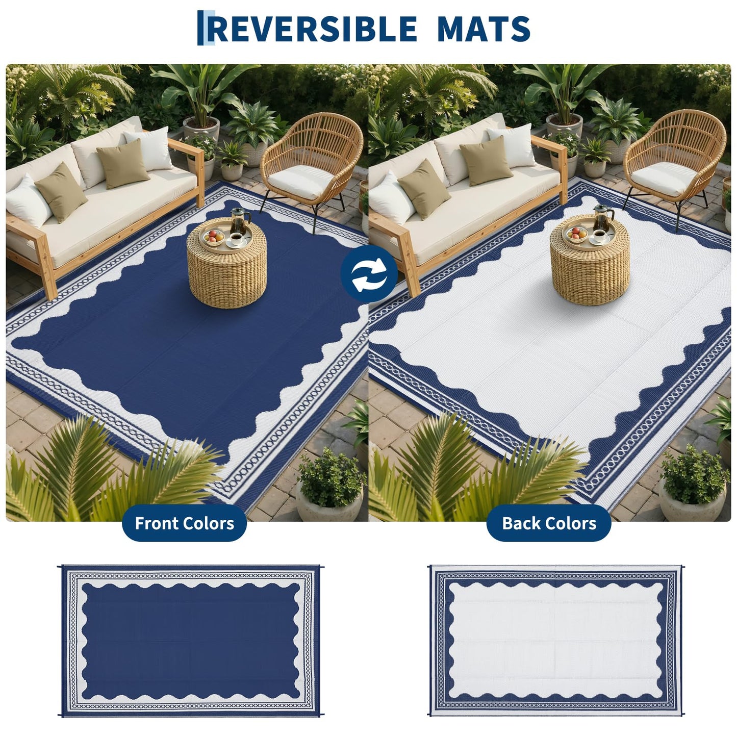 Garvee Outdoor Rug 5x8 Scalloped Waterproof Patio RV Outdoor Rugs Reversible Foldable Plastic Straw Rug Modern Camping Carpet for Deck Camper Porch Balcony Backyard Picnic Beach Dark Blue