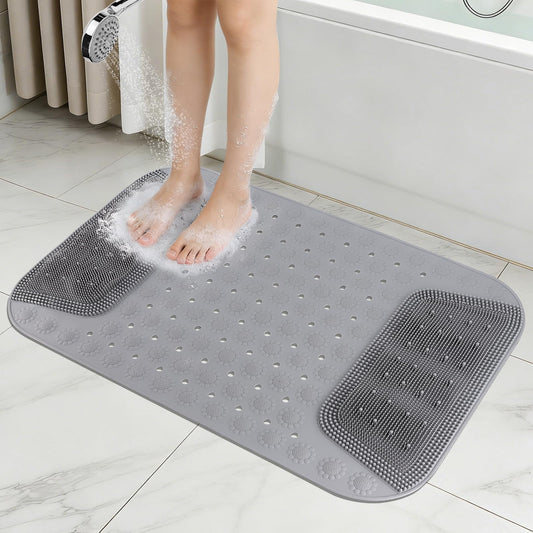Rolcoassuns Bathtub Shower Mat Non Slip, 28.7x18.9 inch Silicone Bathroom Mat with Foot Scrubber on Both Sides, Drain Hole and Suction Cups, Machine Washable Bath Mats for Elderly, Pet (Gray)