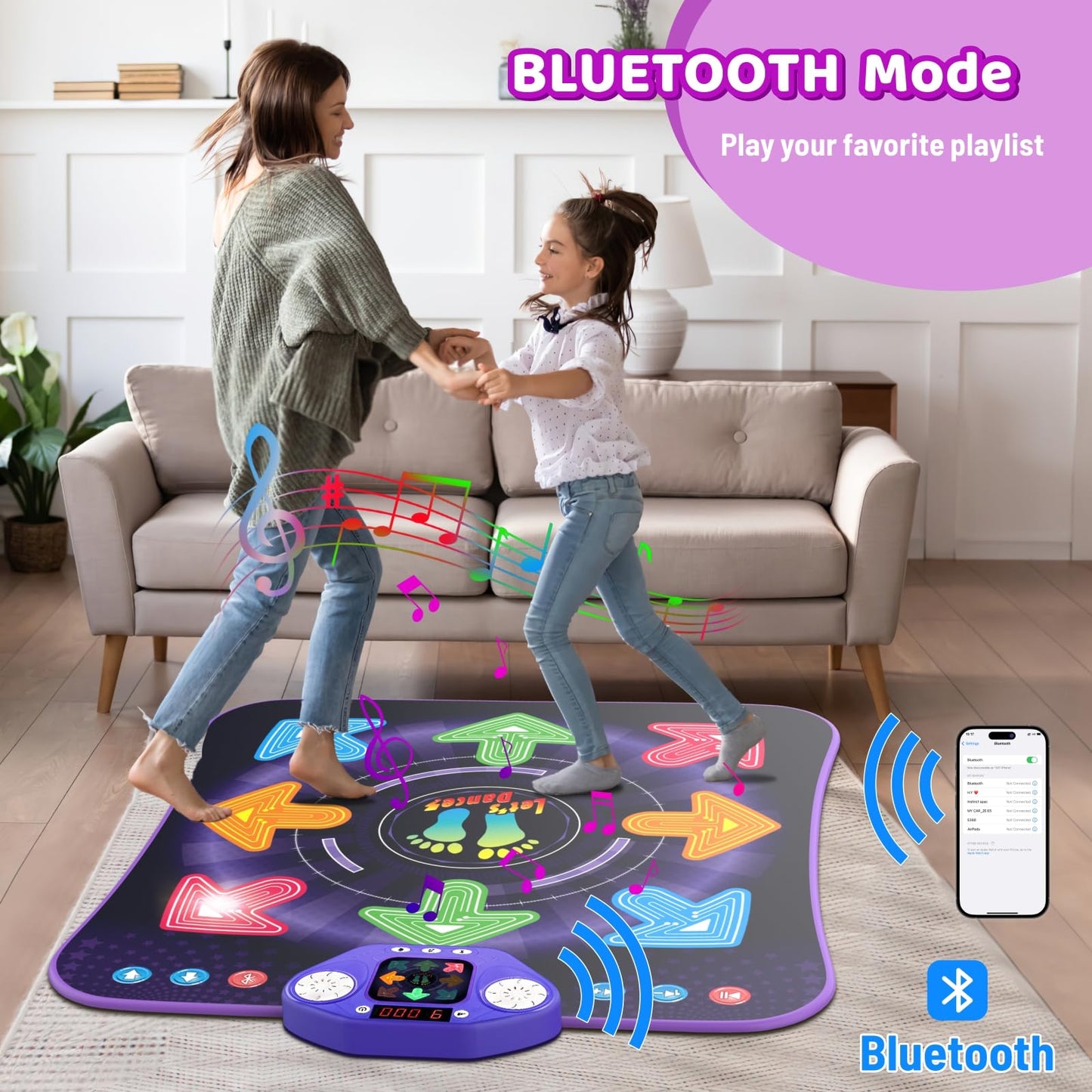 Dance Mat Toys for 3-12 Year Old Girls Boys, Dance Pad with Light Up 8-Buttons & Bluetooth, Music Dance Game with 7 Game Modes, Christmas Birthday Gifts for 3 4 5 6 7 8 9 10+ Year Old Girls Boys