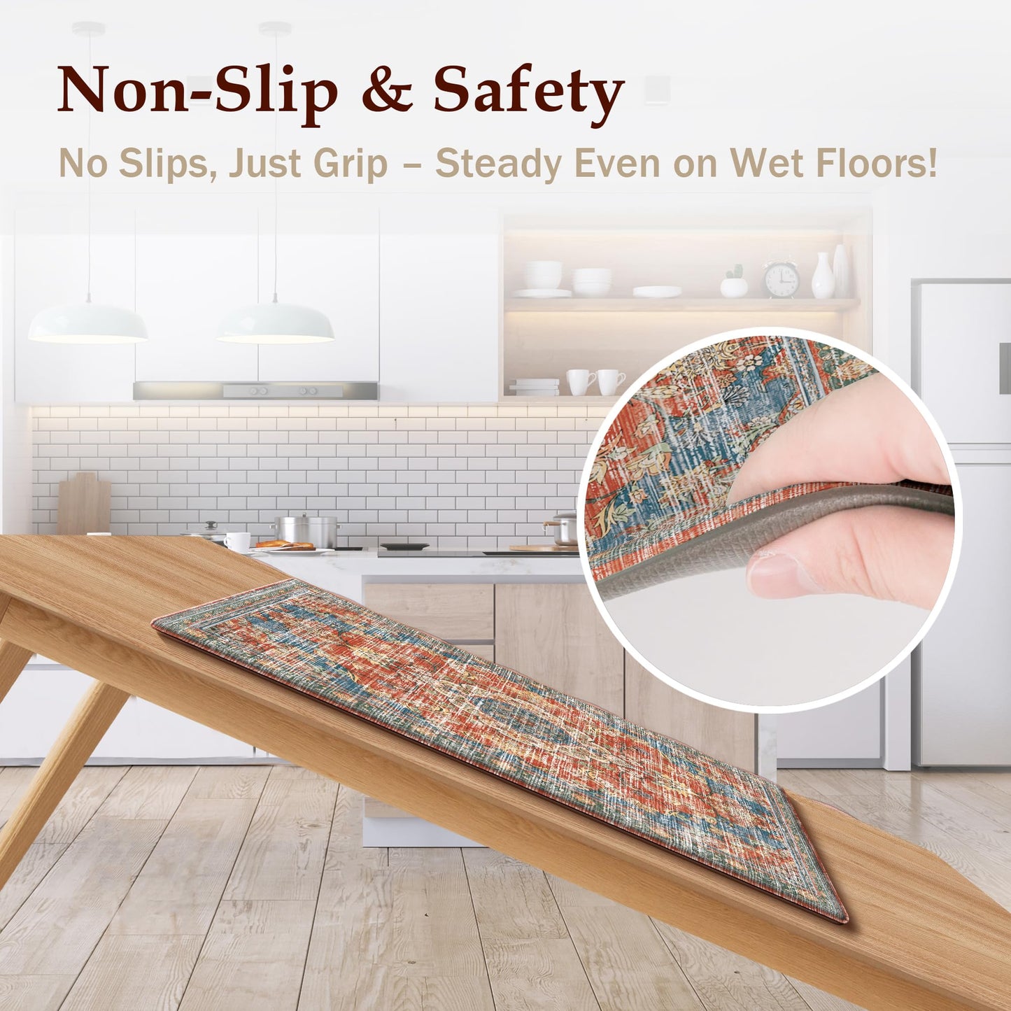 Boho Kitchen Mats for Floor 2 Piece Set Anti Fatigue Cushioned PVC Kitchen Rugs Non Slip Waterproof Farmhouse Mats 2/5 Inch Comfort Standing Mat for Sink, Laundry, 17.3"x47"+17.3"x28", Retro Red