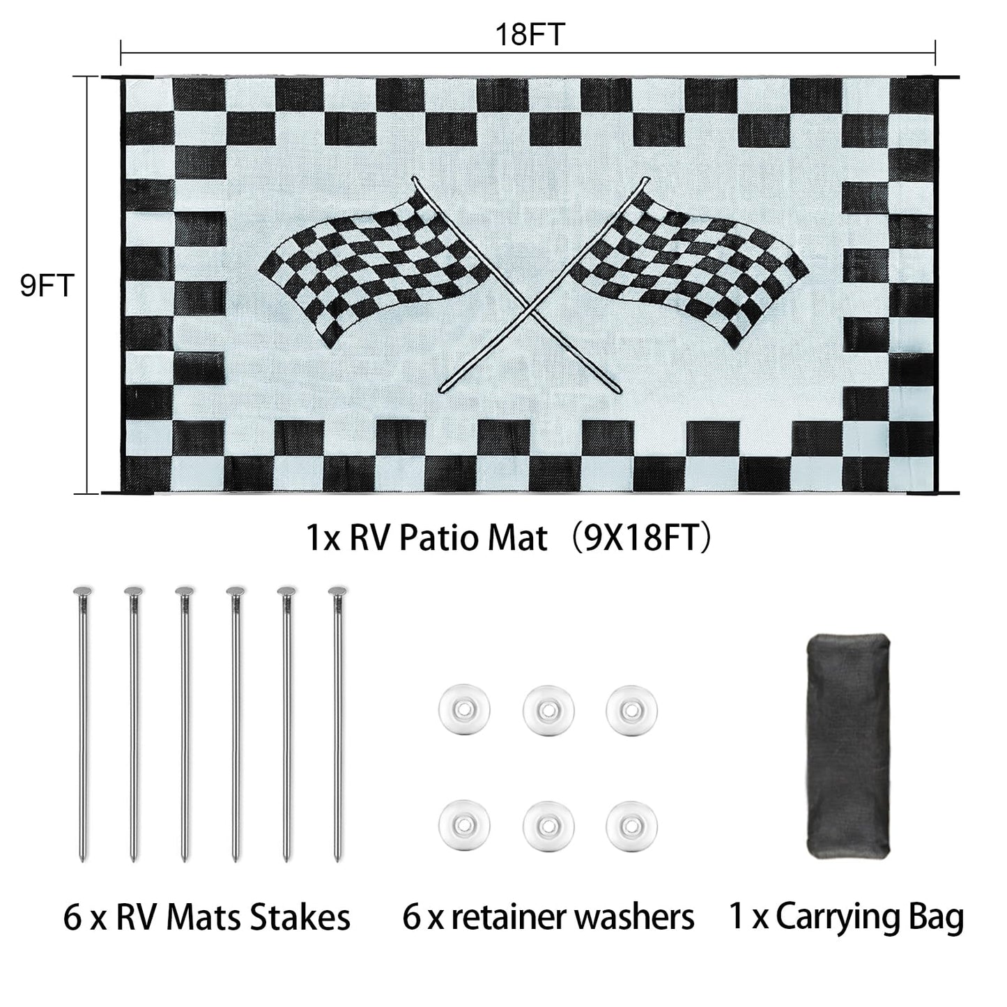 EEZ RV Products 9'x18'cf Heavy Duty Reversible/Durable Outdoor RVing/Boondocking Mats (9ft x18ft Black & White Checker Flag) Come with Large Storage Bag & 6 Sets of Stakes and Washer