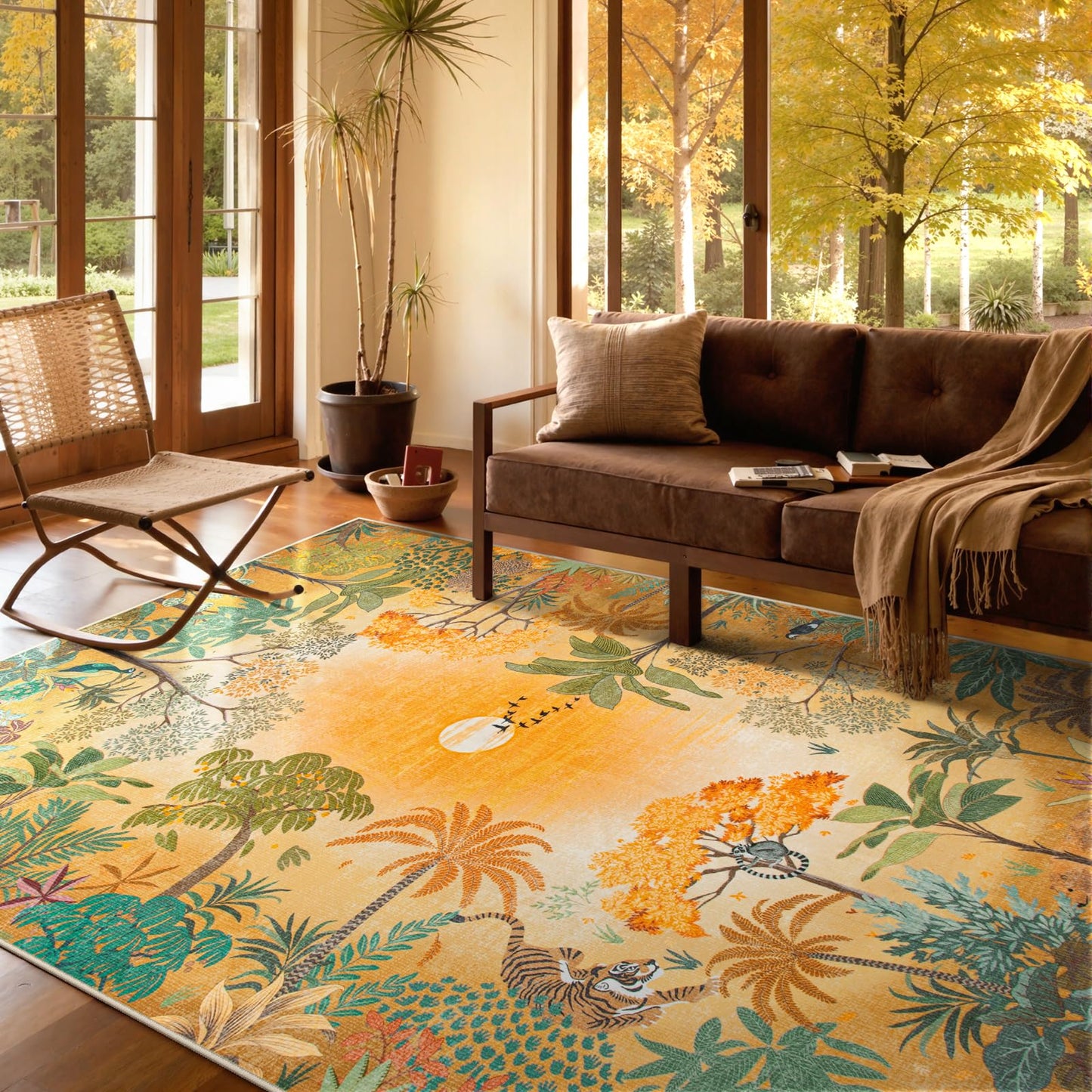 Lahome Jovence Fall Jungle 5x7 Autumn Rug for Living Room Bedroom Machine Washable Carpet, Soft Sunset Kids Rugs for Playroom, Forest Rug Non Slip Non Shedding Orange Indoor Carpet for Nursery Office