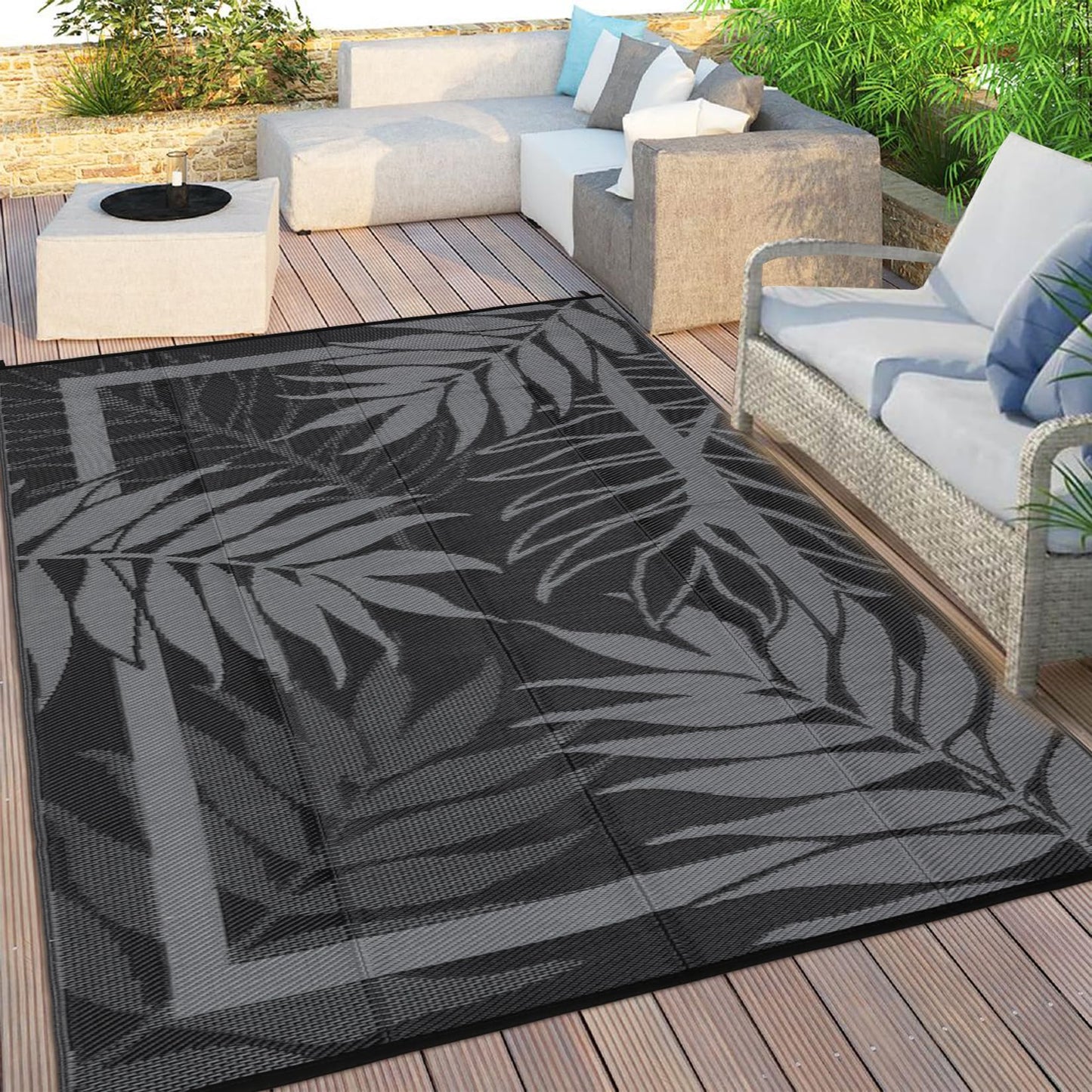 GAOMON 9'x18' Outdoor Rug Waterproof, Reversible Plastic Straw Rug for Large Patio, Backyard, Poolside, Deck – UV Resistant, Heavy Duty, Easy Clean Outdoor Carpet for High Traffic, Black&Brown