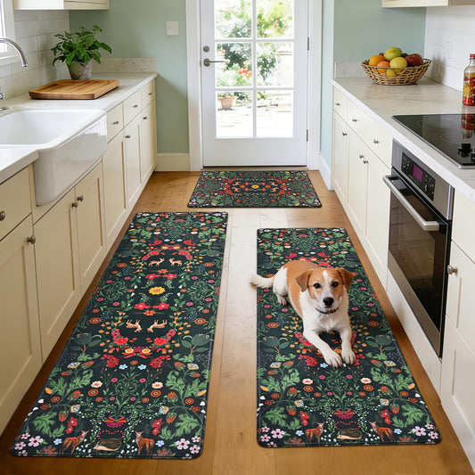 Yinhua Green Kitchen Rugs Sets of 3 Floral Kitchen Mats for Floor Botanical Kitchen Rugs Non Slip Waterproof Vintage Spring Anti Fatigue Mats for Kitchen Floor 17.3''x29.5''+17.3''x47.2''+17.3''x59''