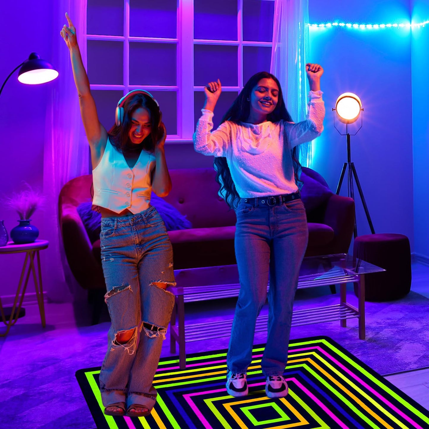 Duraaamo 39×39'' Neon Dance Floor, Glow in The Dark Dance Floor 80s 90s Party Decoration, Blacklight Rug UV Reactive Fluorescent Non-Slip Carpet Runner for Birthday Game Playroom(Square)