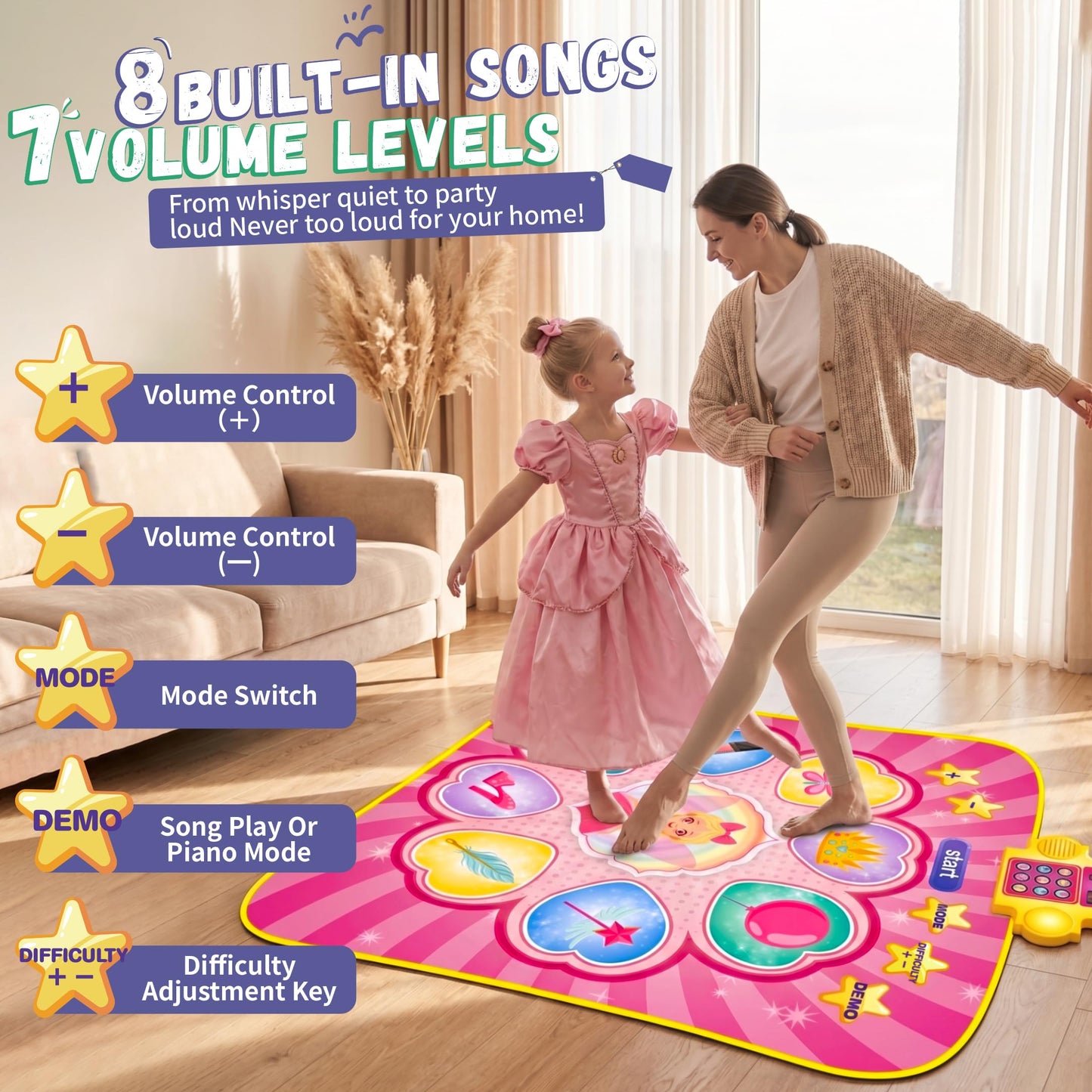YESHIN Dance Mat, Rhythm Step Play Mat with LED Lights, Oversized Sensitive Buttons, 8 Songs & 7 Volume Levels, 3 Modes, Dance Game Toy Pad, for Kids Girls 3-12 (Pink)