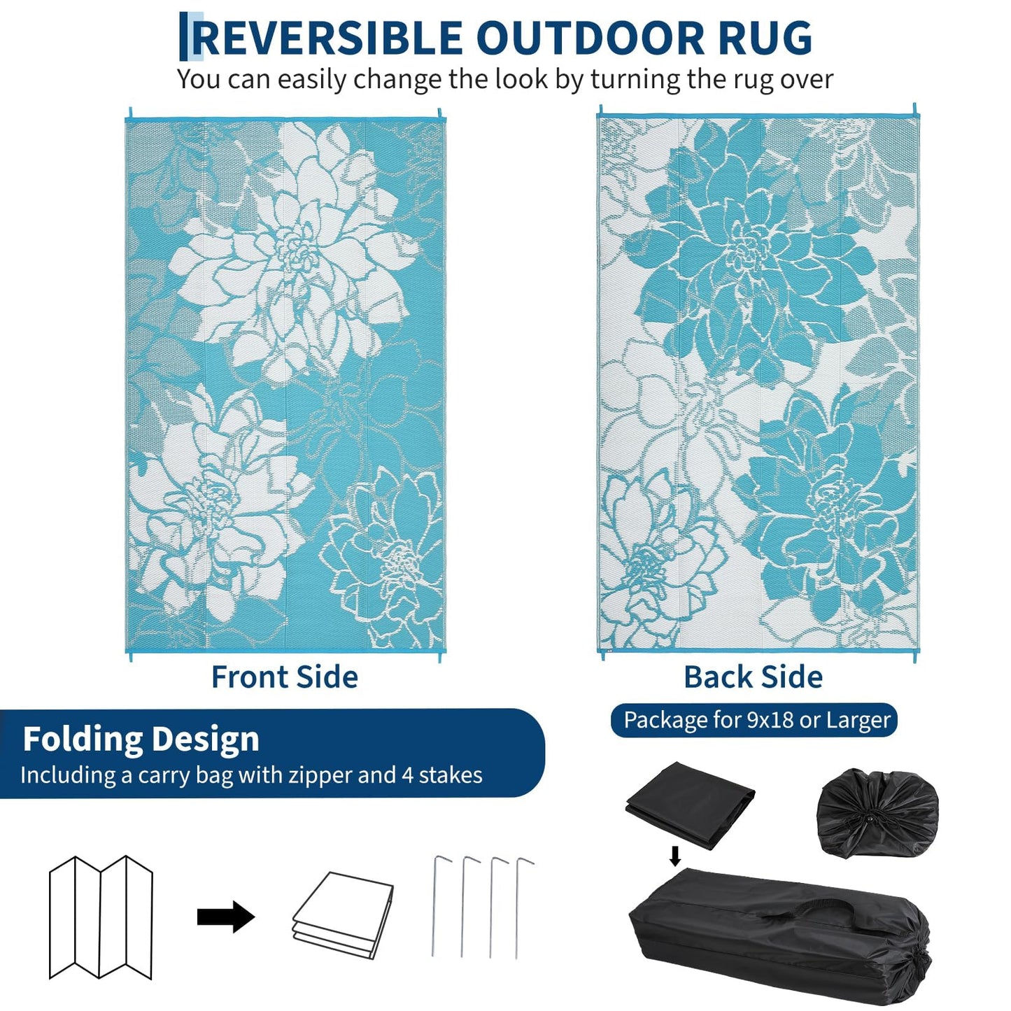 IDEALHOUSE Reversible Outdoor Rug, 320GSM Recycled Plastic Patio Rug, Lightweight Folding Camping Mat with Carry Bag and 4 Stakes, for RV, Picnic, Beach, Balcony, Light Blue White, 9x18 ft