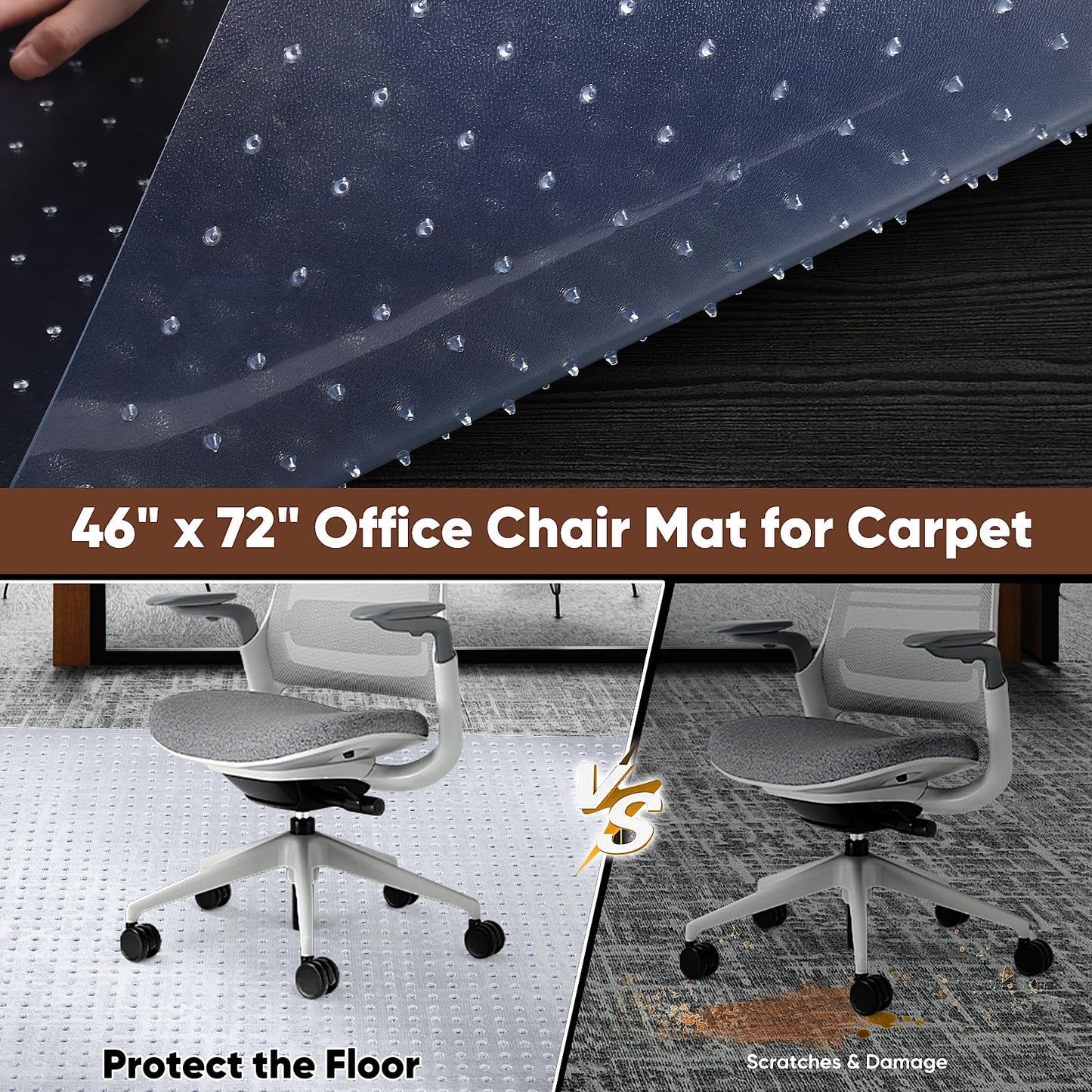 46” x 72” Office Chair Mat for Low-Pile Carpet, 2.2 mm Thick Clear Desk Chair Mat with Non-Slip Grips, Large Floor Protector for Low, Flat Carpeted Floors (Clear)