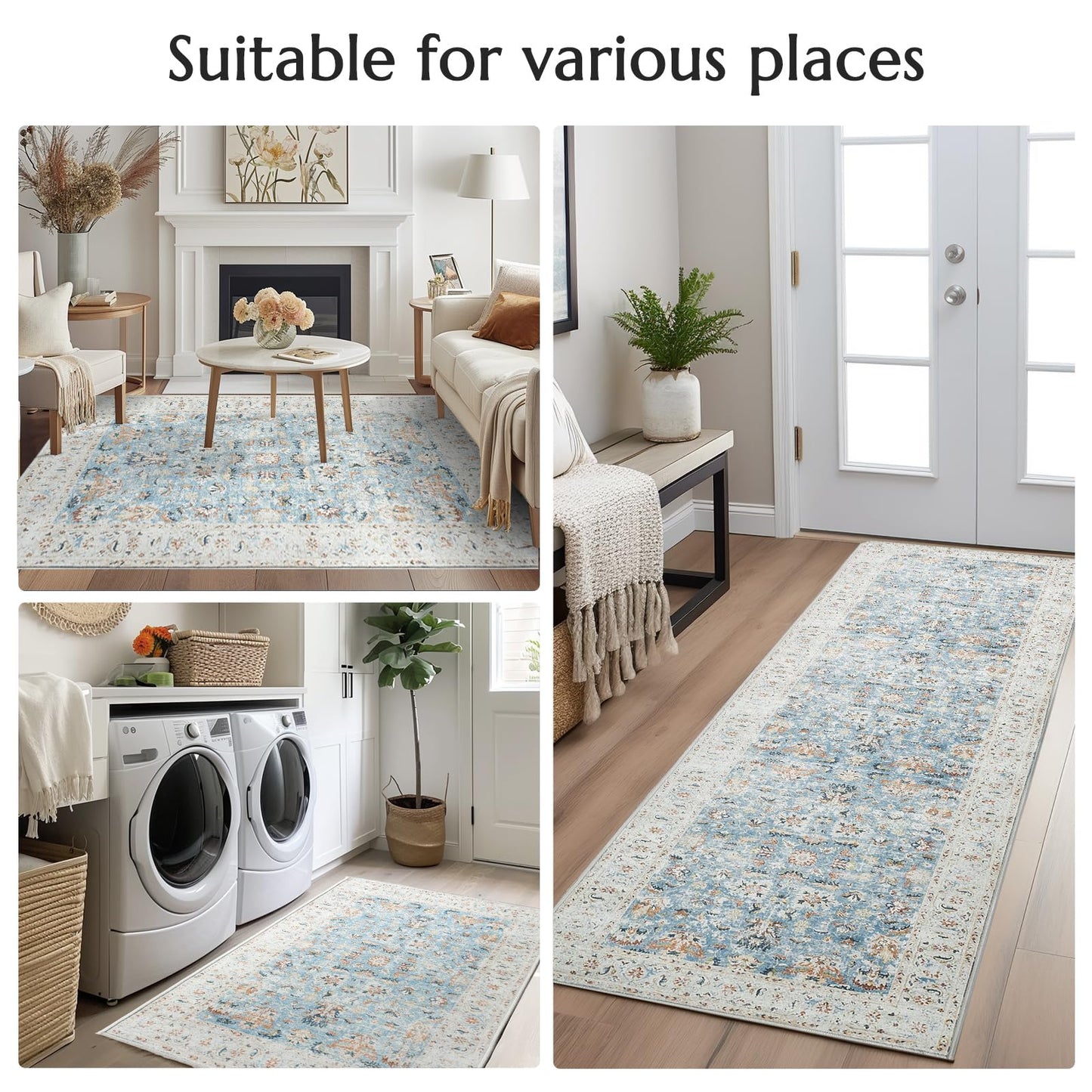jinchan Runner Rug 2x5 - Hallway Rug Kitchen Washable Runner Vintage Floral Boho Lightweight Thin Non-Slip Retro Distressed Carpet for Entryway Bathroom Bedroom Laundry Room Light Blue