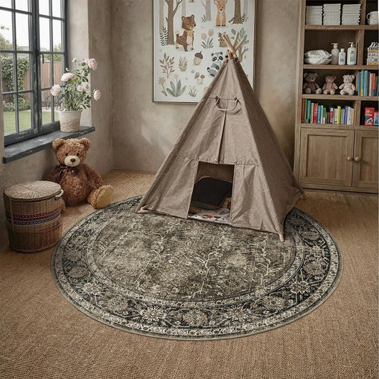 PureCozy 4ft Washable Round Area Rug Brown Vintage Non Slip Circle Carpet Soft Low Pile Entryway Door Mat Traditional Distressed Round Rug for Kitchen Living Room Office Indoor