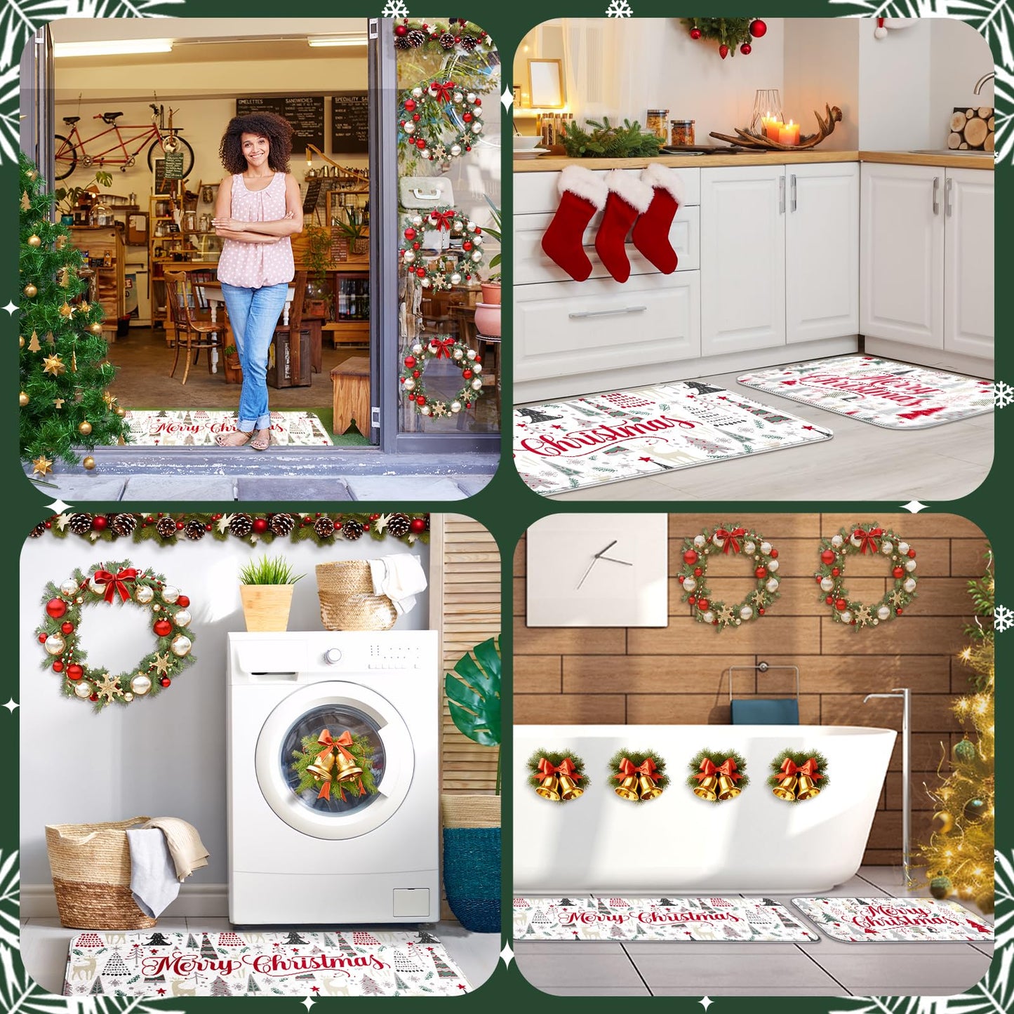 2 Pcs Merry Christmas Kitchen Rugs and Mats Non Slip Christmas Tree Kitchen Rugs Seasonal Winter Xmas Floor Mats for Holiday Indoor Outdoor Home Farmhouse Entryway Decorations, 17x47 and 17x29 Inch