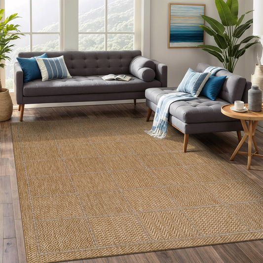 Beverly Rug Easy Jute Checkered Squared Rug 6x9 Washable Durable Indoor Outdoor Area Rugs for Living Dining Room Patio Office Stain Resistant Non Shedding Casual Indoor Outside Carpet 6 x 9 Natural