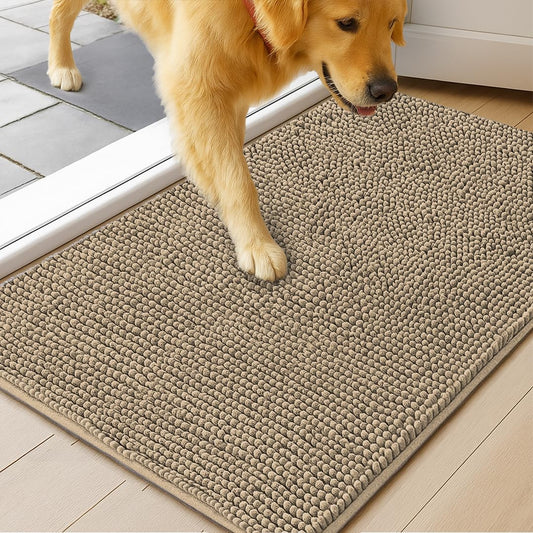 MUDGUARD MAT® Dog Door Mat for Muddy Paws, Super Absorbent Microfiber, Non-Slip Indoor Mat, Quick-Dry Chenille Rug for Pets & Entryway, Machine Washable, Beige 19" x 30"