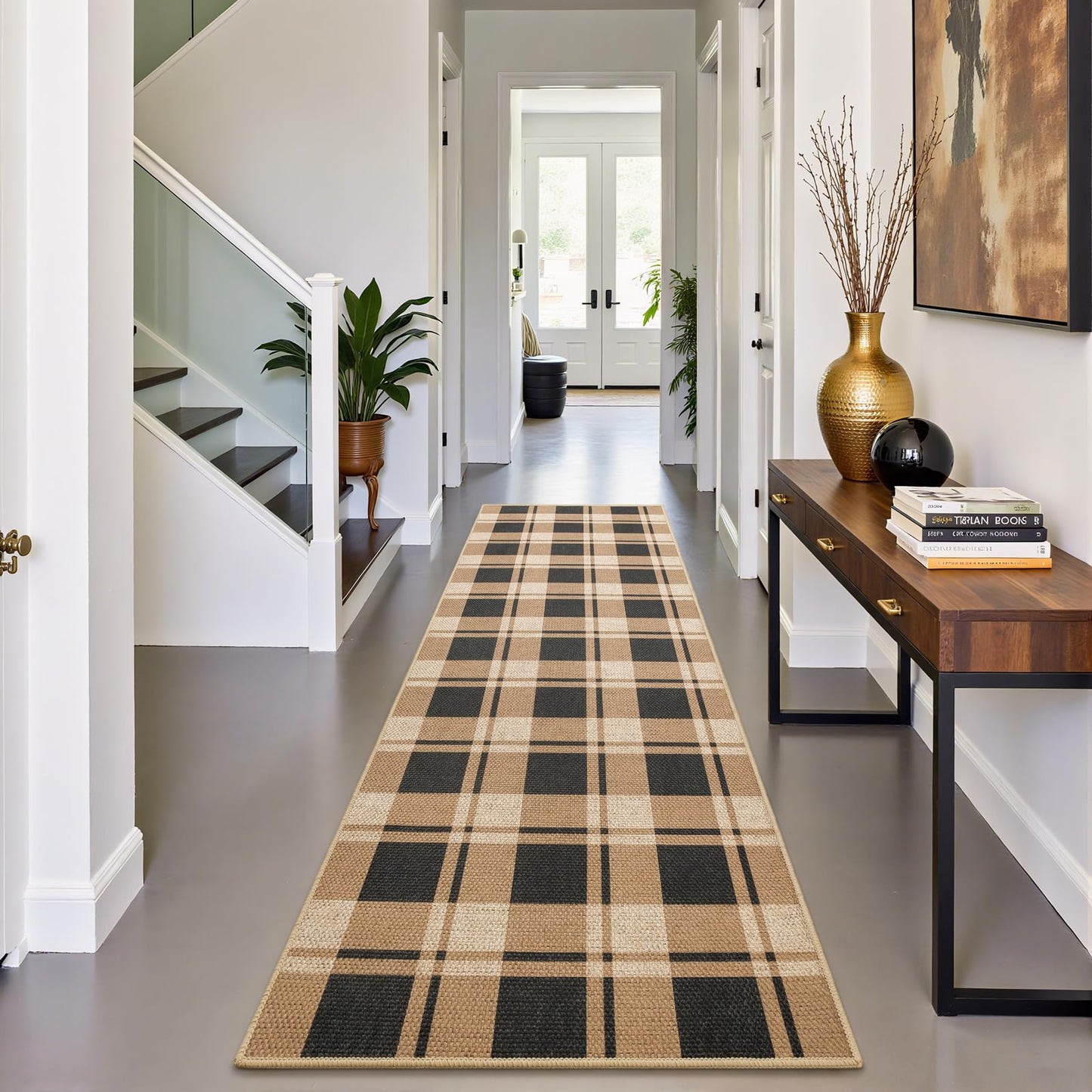 AROGAN Checkered Jute Runner Rug for Hallway, 2x6 Kitchen Runner Washable Rugs Carpet, Long Farmhouse Design Geometric Rugs for Entryway Indoor Laundry Welcome Mat 6 Ft Entry, Black and Brown