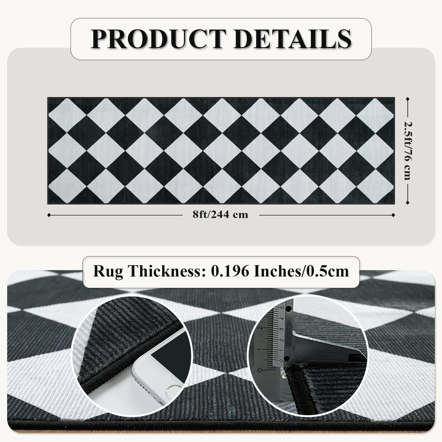 Beeiva Checkered Print Runners for Hallways 2.5x8, Ultra Thin Black Kitchen Runners Non Skid Washable 8 ft, Modern Diamond Stain Resistant Low Pile Carpet for Bathroom Entryway Bedroom Laundry