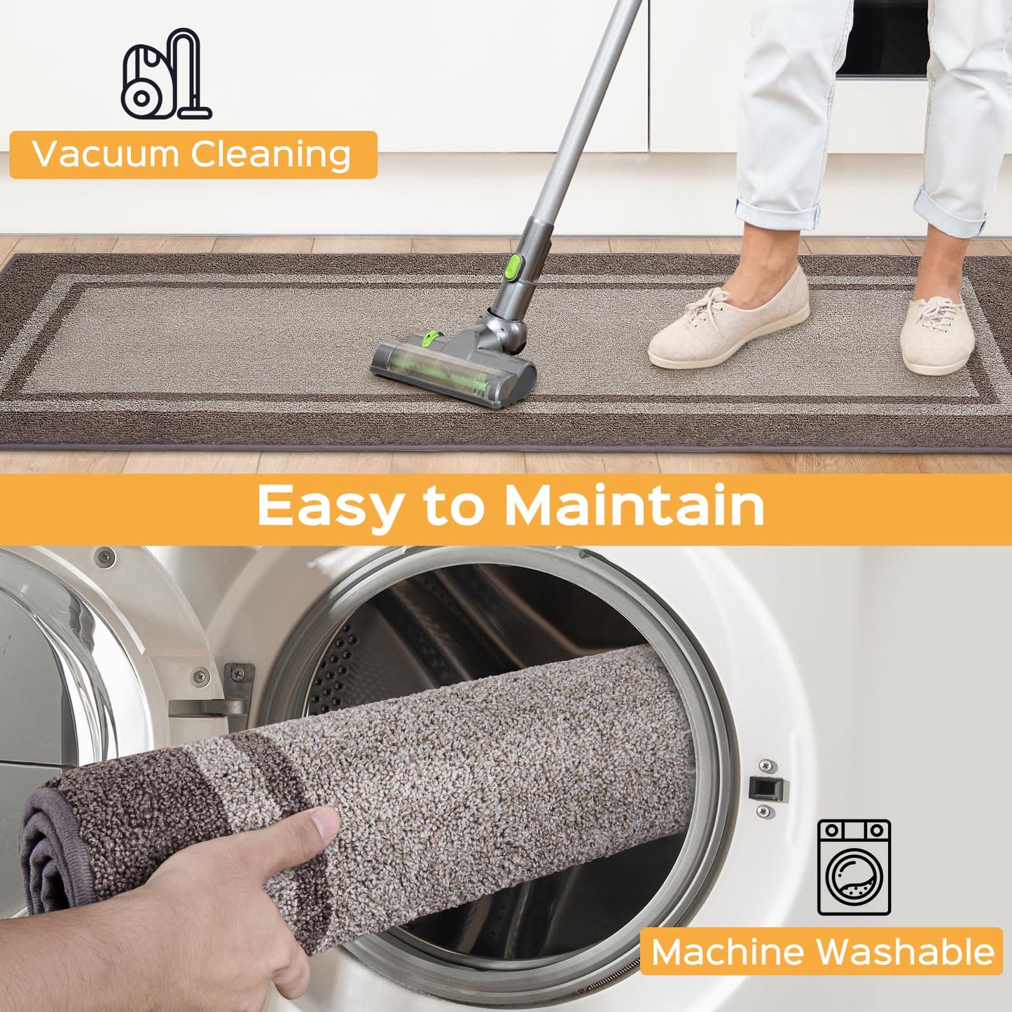 Kitchen Rugs 24" x 70", Non-Slip Machine Washable Kitchen Runner Rugs Floor Mats, Absorbent Comfort Standing Mats for Kitchen, Sink, Laundry and Hallway, Rolled Packaging, Beige & Grayish Brown