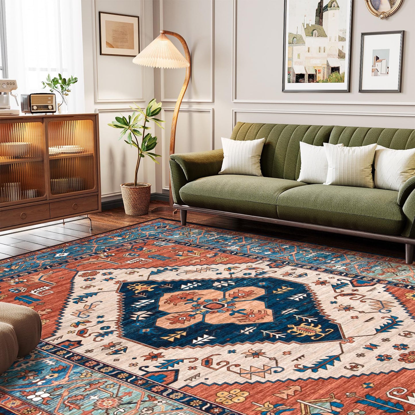 Lahome Area Rugs 9x12 Living Room - Boho Non-Slip Washable Rug Ultra-Thin Stain Resistant Large Carpet Throw Non Shedding Dining Room Mat, Oriental Print Carpet for Bedroom Adelyn (Rust, 9'x12')