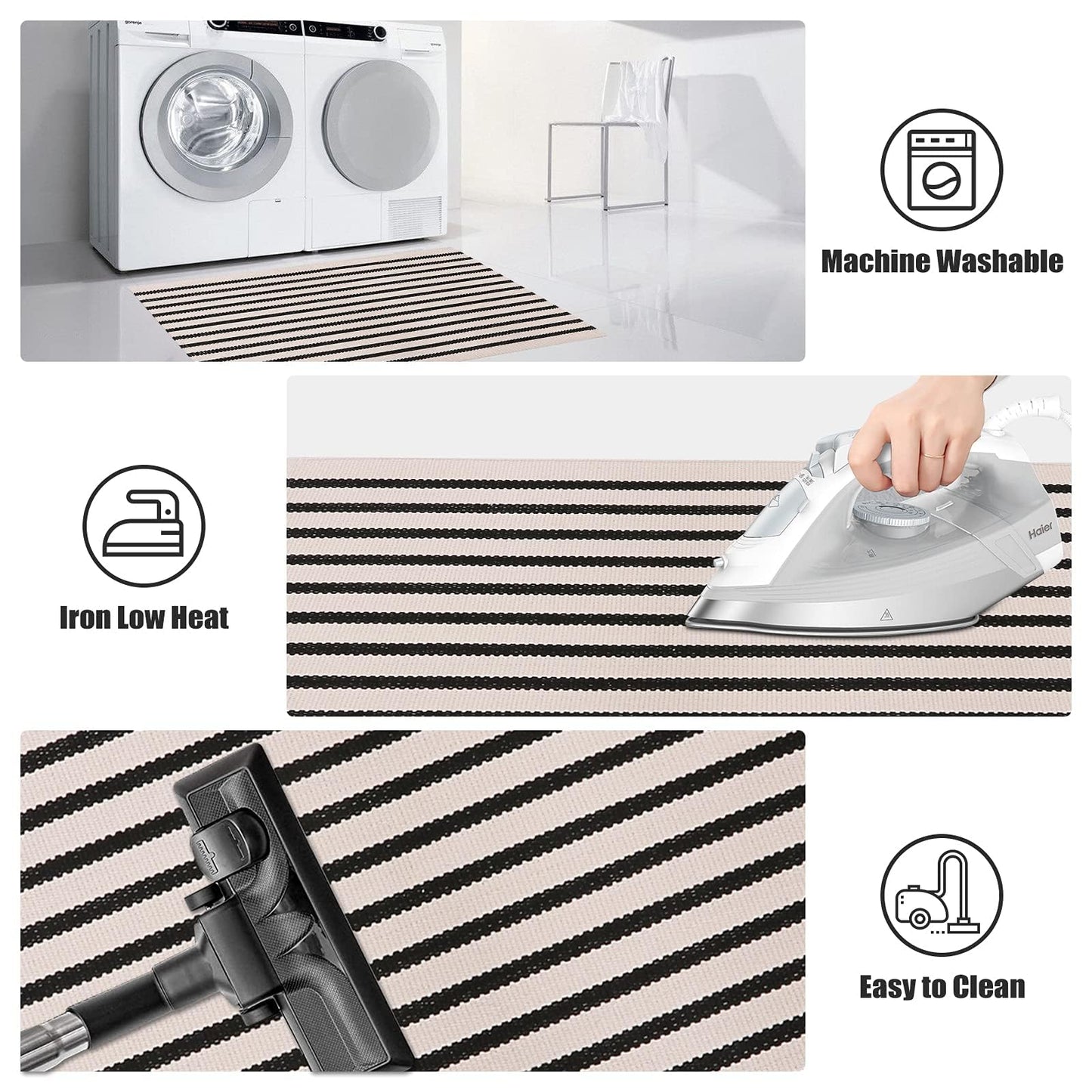 LEEVAN Black and White Striped Outdoor Rug Runner 2x4.3 Layering Doormat Farmhouse Front Porch Rug Cotton Woven Washable Throw Carpet for Hallway/Front Steps/Bathroom/Kitchen/Home Entrance