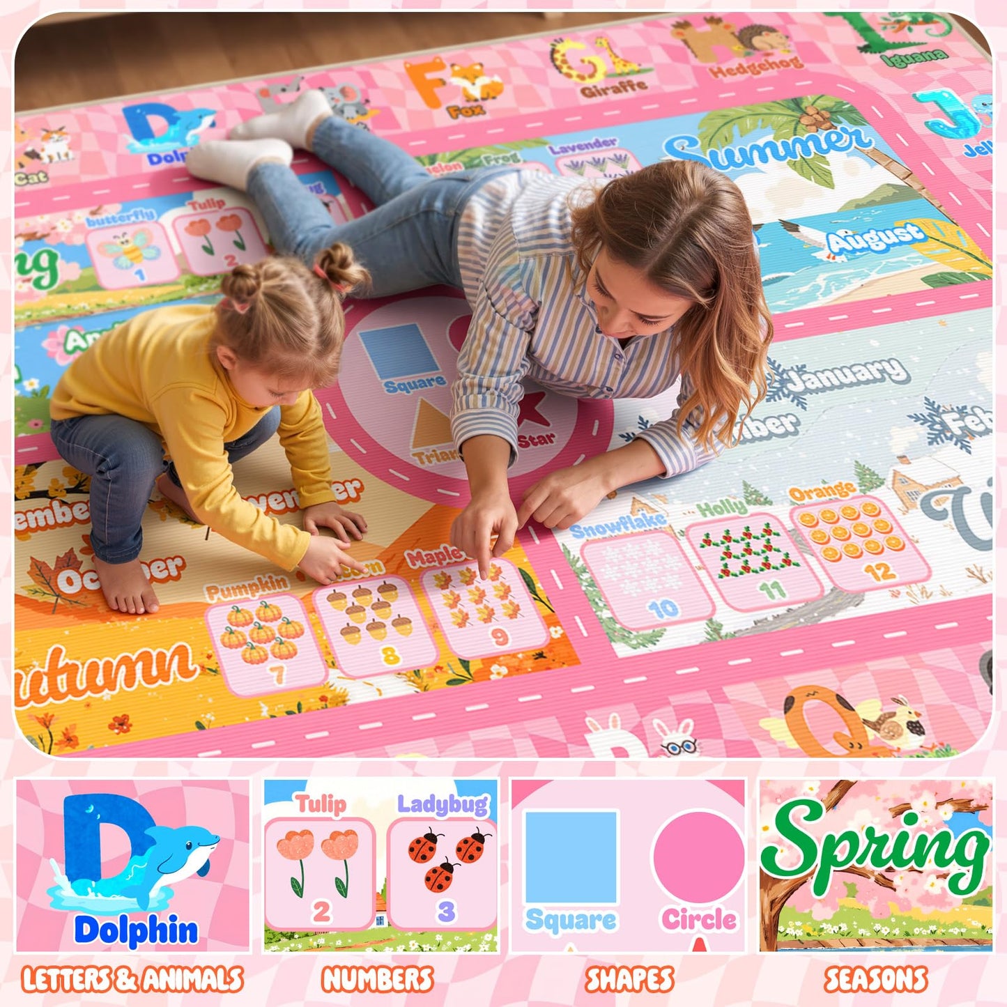 Auetwyona Kids Playroom Rug 4' x 6'- Educational Alphabet ABC Mat with Animals,Seasons & Numbers | Pink Classroom Rug & Playroom Essential Fun Play Mat Washable Kids Area Rug for Girls Bedroom