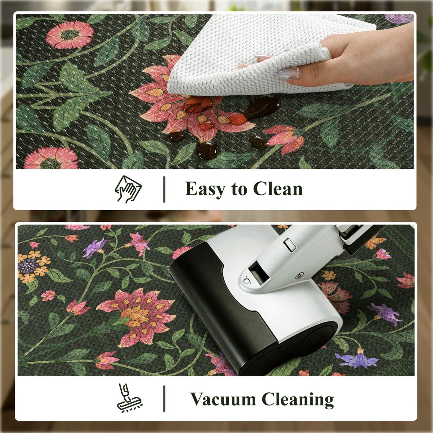 Collive Kitchen Mats for Floor, Cushioned Anti Fatigue Mat Green Floral Rugs 2 Piece Non Skid Waterproof Sink Rug, Memory Foam Comfort Standing Mat for Office, Laundry, Desk, 17.3"x29"+17.3"x47"