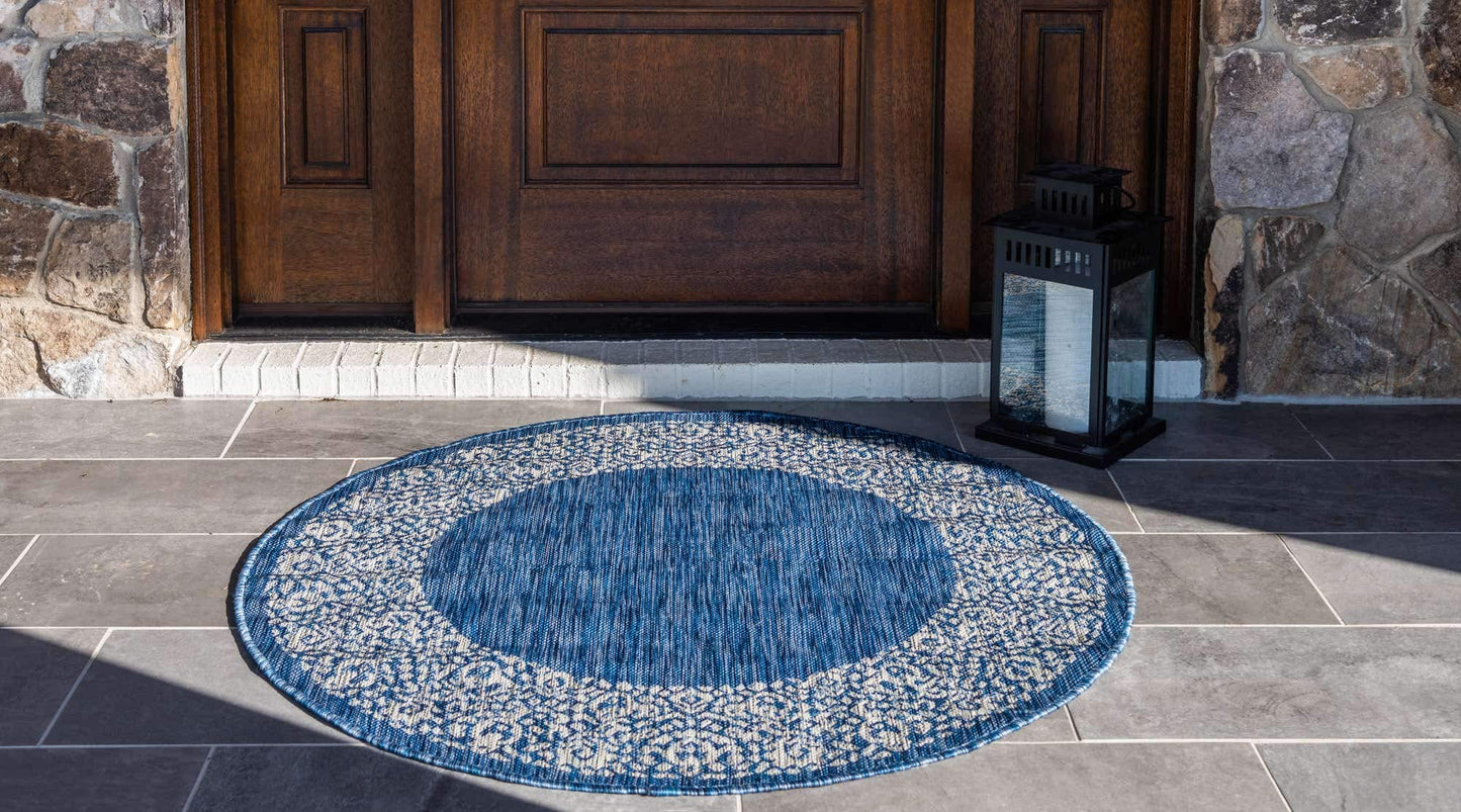 Unique Loom Outdoor Border Collection Area Rug - Floral Border (4' 1" Round, Blue/ Ivory)